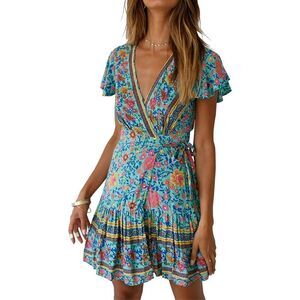 NEW R.Vivimos Wrap Bohemian Ruffle Floral Short Sun Dress XS 0-2